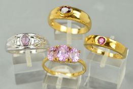 A COLLECTION OF GEM SET 9CT GOLD DRESS RINGS to include a three stone pink gem (possibly Kunzite),