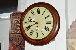 A 19TH CENTURY OAK CIRCULAR WALL CLOCK, 30 hour movement, the enamel dial with Roman numerals,