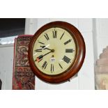 A 19TH CENTURY OAK CIRCULAR WALL CLOCK, 30 hour movement, the enamel dial with Roman numerals,