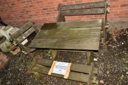 A TEAK GARDEN TABLE with two x two seater benches and a single seater bench (4)