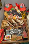 TWO BOXES OF VARIOUS TOYS, GAMES, DOLLS, etc, to include 'Jess' from Toy Story, Dr Who figures etc