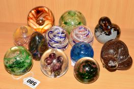 A GROUP OF LANGHAM GLASS PAPERWEIGHTS, to include stoat and bird, some signed 'Paul Millar' to