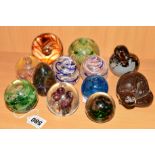 A GROUP OF LANGHAM GLASS PAPERWEIGHTS, to include stoat and bird, some signed 'Paul Millar' to