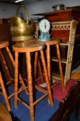 A SET OF FOUR PINE BAR STOOLS, an ash wall hanging bookcase, brass bucket and a Salter scale (7)