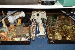 FOUR BOXES AND LOOSE SUNDRY ITEMS to include metalware, glass, ceramics, pictures, cd's, lamp, etc