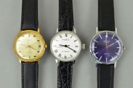 THREE GENTLEMEN'S WRISTWATCHES WITH BLACK LEATHER STRAPS, all with circular faces to include a