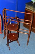 AN EDWARDIAN MAHOGANY FOLDING CAKE STAND together with a towel rail (2)