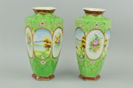A PAIR OF 20TH CENTURY KINJO CHINA NIPPON VASES, floral and landscape panels, on green ground,