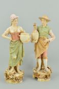 A PAIR OF ROYAL DUX STYLE FIGURES, young man with flagon of wine/ale wearing apron, No 285 and young