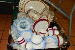 TWO BOXES OF CERAMIC TEA/DINNERWARES, etc to include Derby fruit bowl with some servers, Wedgwood '