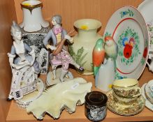 HOLLOHOZA, HUNGARY, musician figures, approximate height 23cm, a pair of budgerigars, two vases, a