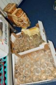 TWO BOXES OF GLASSWARE, ELEPHANT CONSERVATORY SEAT, BRETBY JARDINIERE STAND, etc