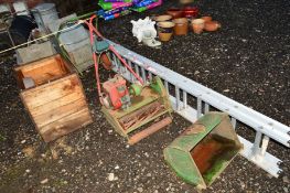 A SET OF DOUBLE EXTENSION ALUMINIUM LADDERS, two galvanised wheelie bins, wooden crate and vintage