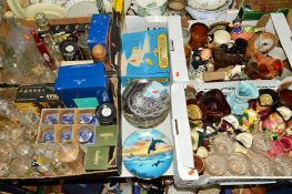 FOUR BOXES AND LOOSE CERAMICS, GLASS etc to include boxed Babycham glasses, toby jugs, decanters,