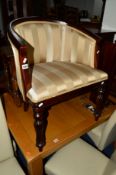 A REPRODUCTION MAHOGANY BEDROOM TUB CHAIR on fluted legs and stripped gold upholstery
