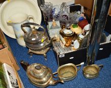 A THREE PIECE EPNS TEA SERVICE, a plated spirit kettle and stand, an oriental teaset, a vase,