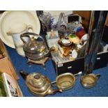 A THREE PIECE EPNS TEA SERVICE, a plated spirit kettle and stand, an oriental teaset, a vase,