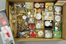 A BOX OF WATCHES, LOOSE WATCH PARTS AND FACES to include pocket watch faces, wrist watch faces,