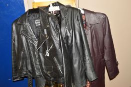 A GENT'S SHORT LEATHER JACKET, size 40, a ladies leather jacket, size 12 and another ladies