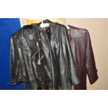 A GENT'S SHORT LEATHER JACKET, size 40, a ladies leather jacket, size 12 and another ladies