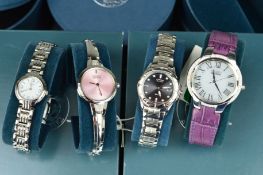 FOUR BOXED LADYS CITIZEN ECO-DRIVE WRIST WATCHES, the first with purple leather strap, circular