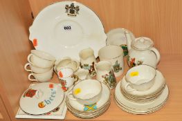 W.H.GOSS CRESTED WARES, to include teapot, cups, saucers, 'Cheese' lid, teapot stand, cake plate etc