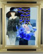 JOEL ROUGIE (FRENCH 1957), 'Bleue-Blue', a woman wearing a hat, standing next to a vase of