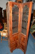 A HARDWOOD AND WROUGHT IRON DOUBLE FOLD SCREEN, width 120cm x height 184cm
