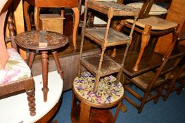AN OAK NURSING CHAIR, an oak occasional table, an oak rush seated piano stool, an Edwardian circular