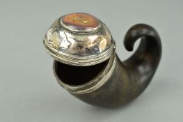 A 19TH CENTURY HORN SNUFF MULL, domed white metal cover and cracked agate circular inset, named '