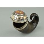 A 19TH CENTURY HORN SNUFF MULL, domed white metal cover and cracked agate circular inset, named '