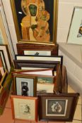 A BOX OF PICTURES AND PRINTS, etc, to include four framed prints by H.F. Hardy, a drawing of an