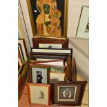 A BOX OF PICTURES AND PRINTS, etc, to include four framed prints by H.F. Hardy, a drawing of an