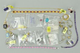 A SELECTION OF MAINLY GEM SET JEWELLERY to include a pair of composite glass filled ruby earrings, a