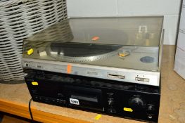 A SONY TC-K215 STEREO CASSETTE DECK, Sony VL-37G turntable and a glass TV stand (opposite, next to