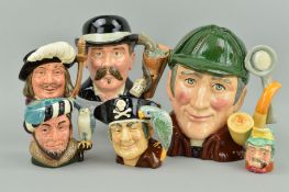 FIVE ROYAL DOULTON CHARACTER JUGS 'Long John Silver' D6386, 'Porthos' D6453 (seconds), 'The