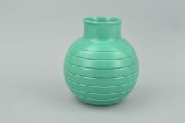 KEITH MURRAY FOR WEDGWOOD GREEN SPHERICAL VASE, with incised decoration, approximate height 16cm