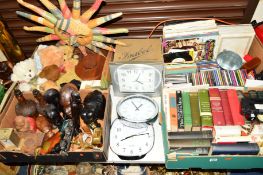 FOUR BOXES AND LOOSE SUNDRY ITEMS to include books, records, carved busts, clocks, soft toys, scales