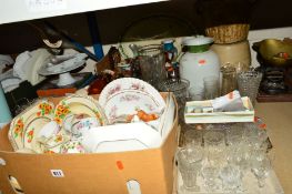 TWO BOXES AND LOOSE CERAMICS, GLASS ETC, to include Crown Ducal, Duchess and Crown Royal Teawares,