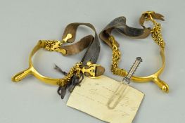 A PAIR OF 19TH CENTURY GILT METAL MAXWELL SPURS with leather straps, bears hand written label '