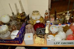 A QUANTITY OF LAMP BASES AND GLASS LAMP SHADES etc (over 60 pieces)