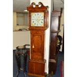 A GEORGE III OAK, WALNUT BANDED AND PARQUETRY INLAID LONGCASE CLOCK, 8 day movement, painted dial