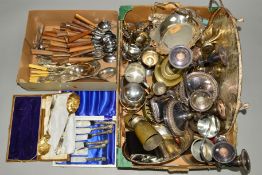 TWO BOXES OF SILVER PLATE AND OTHER METALWARES AND CUTLERY, including candelabra, cocktail shaker,