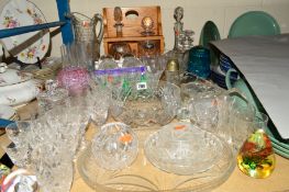 A PARCEL OF CUT AND PRESSED GLASS to include decanters, a two bottle tantalus with silver tags,