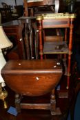 A REPRODUCTION OAK DROP LEAF OCCASIONAL TABLE, together with a reproduction mahogany and inlaid
