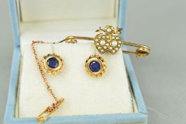 AN EARLY 20TH CENTURY GOLD SPLIT PEARL BROOCH AND A PAIR OF SAPPHIRE EARRINGS, the brooch designed