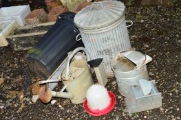 A GALVANISED STEEL GARDEN BIN, two watering cans, bucket, etc (5)