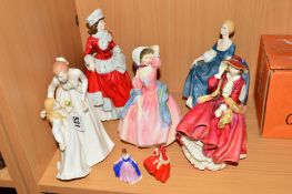 SEVEN ROYAL DOULTON FIGURES, 'Just For You' HN3355, 'Winter' HN5314, 'Hilary' HN2335 (seconds), 'May