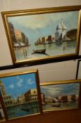 THREE OIL PAINTINGS DEPICTING VIEWS OF VENICE, to include a study of buildings with a Gondola to the