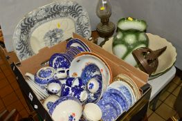 A BOX OF BLUE AND WHITE CHINA AND SUNDRY ITEMS to include a large platter, brass oil lamp, jug and